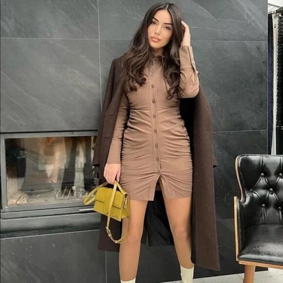 Zara Dresses & Skirts - ZARA Shirt Dress Ruched Gathered Brown New